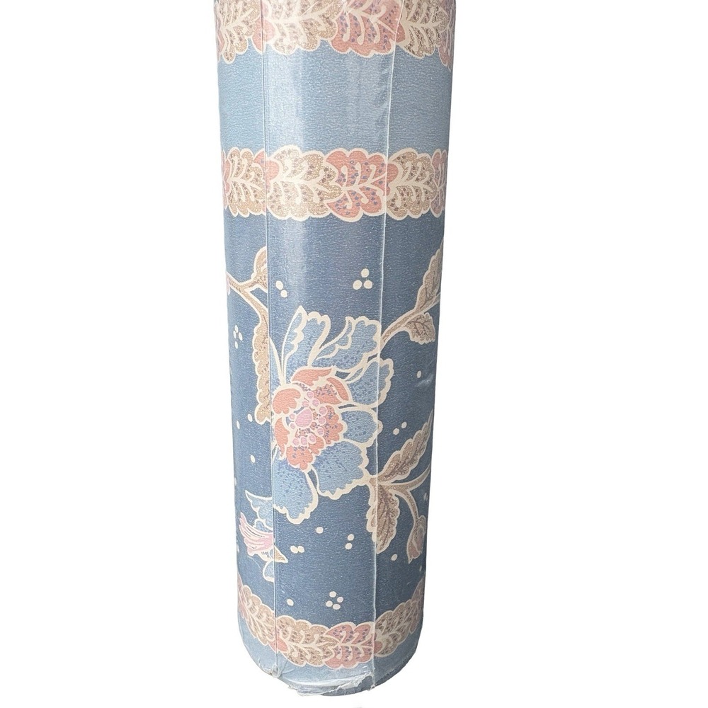 Vintage 90's 2 Rolls 30'x28" Wallpaper Vinyl Retro Blue Floral Cottage Grandma